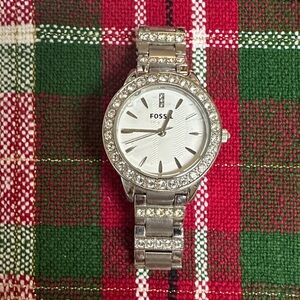 Fossil Silver Watch with Crystal Detailing- call out in photo and needs battery